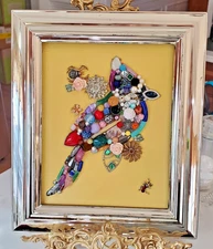 Framed VTG Jewelry CARDINAL Art Brooches Pins Beads Pearls Rhinestones Sober Owl