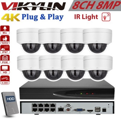 Vikylin 8CH 8POE NVR Kit Security Camera System 4K 8MP IR IP Camera with MIC Lot