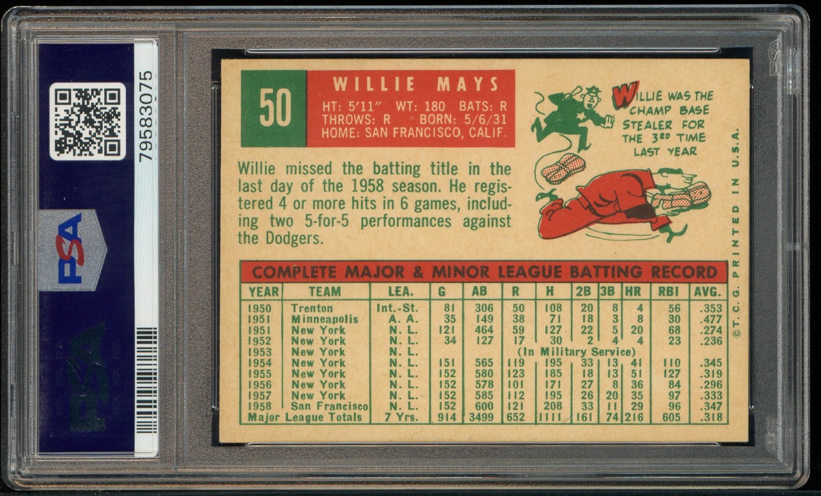 1959 Topps #50 Willie Mays San Francisco Giants HOF PSA 7 NM " LOOKS NICER " view 2