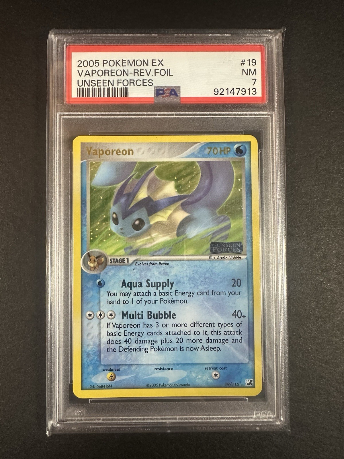 Pokémon TCG Vaporeon #19 Unseen Forces Reverse Holo PSA 7 Rare Stamped