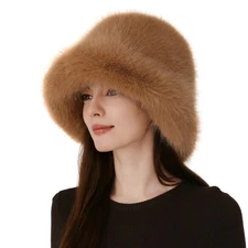 Women's Oversized Faux Fur Bucket Hat Fluffy Plush Winter Hat Solid Color US ...