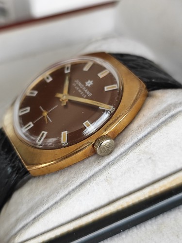 Orologio Vintage Junghans 17 Jewels Quadrante Marrone Anni 70 Tedesco Carica Manuale Placcato Oro - Foto 5 di 8