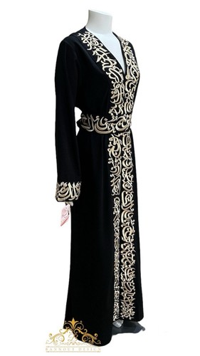 Abaya Dress Arabic Calligraphy Golden Embroidery Tatreez Maxi Long Sleeve Black - Picture 5 of 27