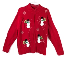 Vtg Ugly Christmas Sweater Snowman Full Zip Cardigan Classic Elements Red 16-18w