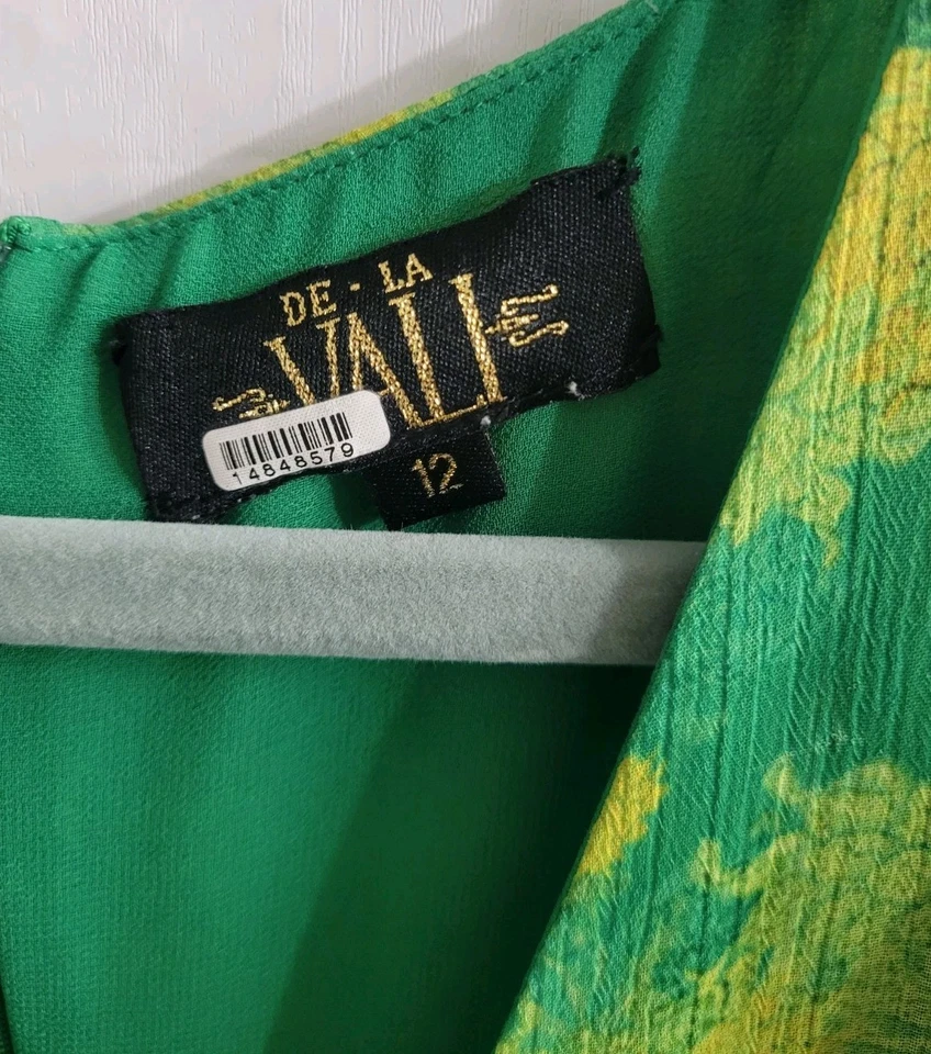 De La Vali Palmera Green Floral Chiffon Maxi Dress UK 12 US 8 Ruffle Sleeve $676 - Image 4 of 4