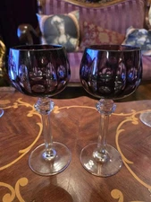 Pair Of German Cut To Clear Glass Crystal Wine Glasses - 8 Inches Tall Eggplant 