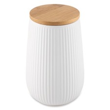 1.2L White Ceramic Ribbed Canister W/ Bamboo Lid Large