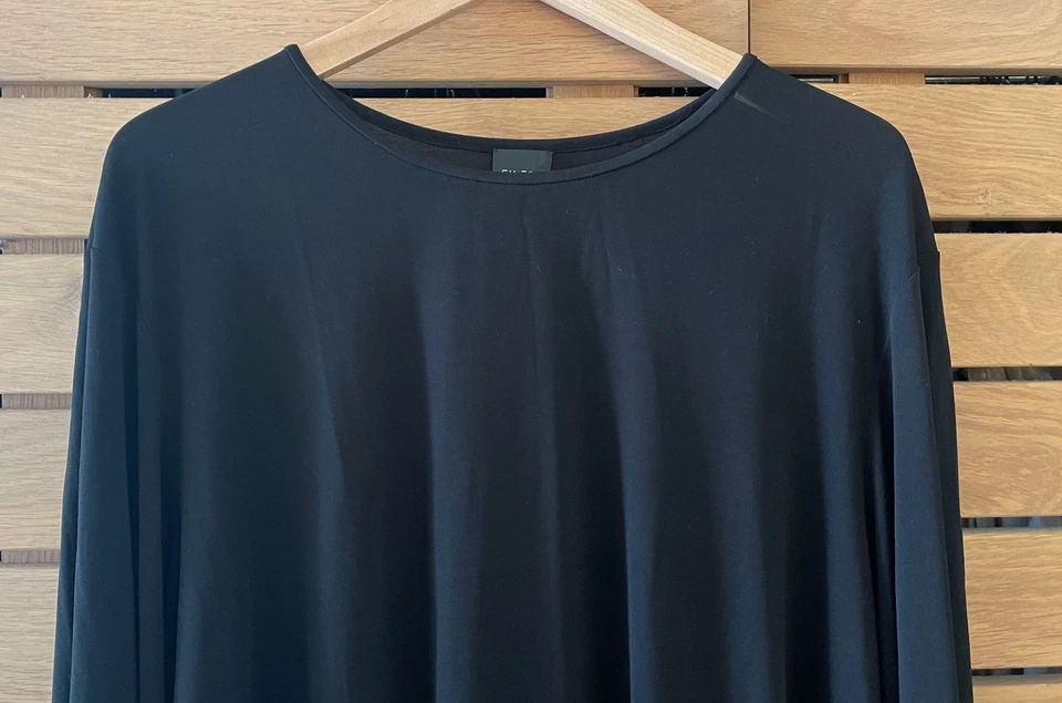 Blusa Top Camisa Eileen Fisher Negra 100% Seda Manga Larga Cuello Redondo Talla 2X Foto 2 de 4
