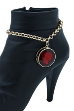 Women Gold Metal Boot Chain Bracelet Shoe Anklet Red Bead Charm Fashion Jewelry