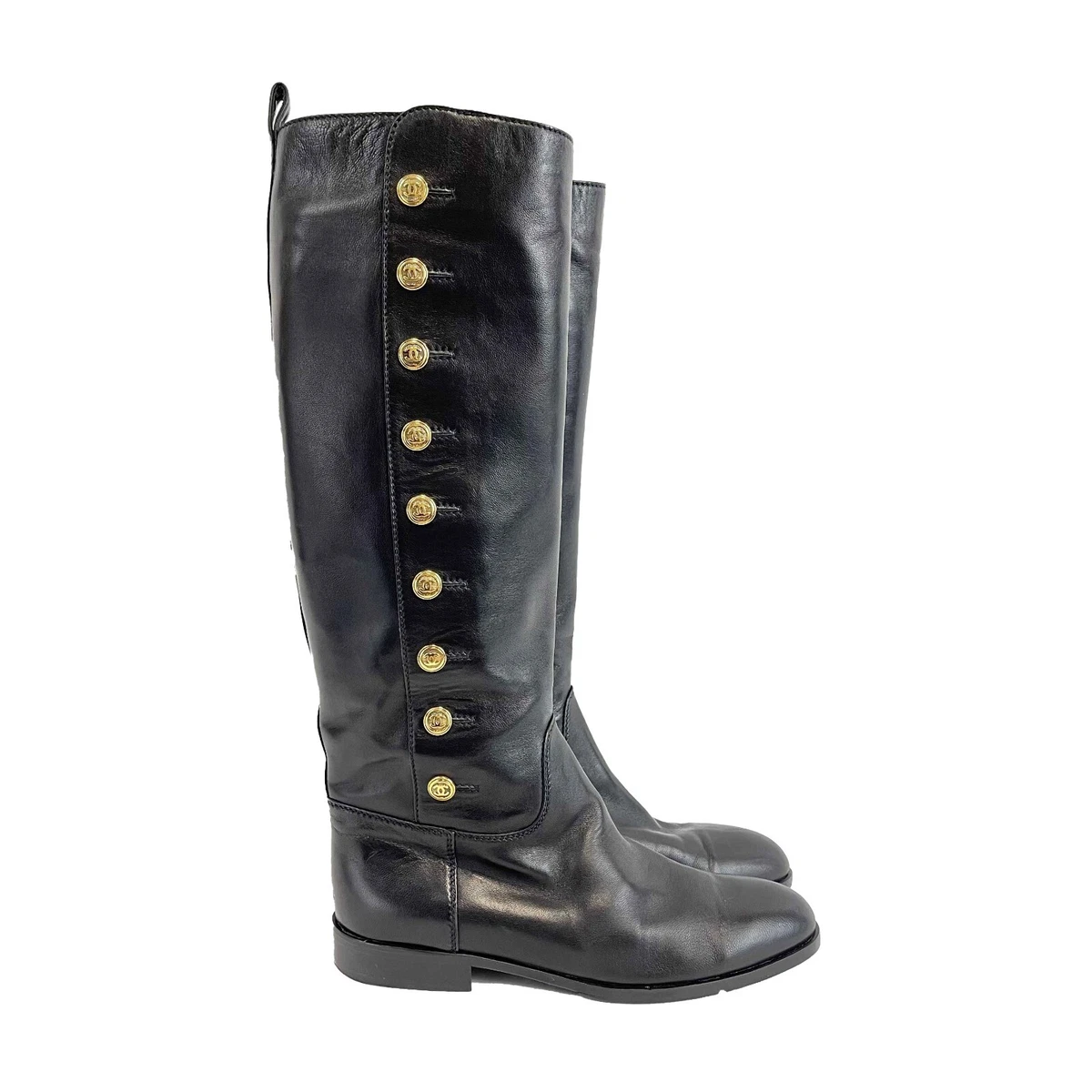 Chanel Black Leather CC Over The Knee Wedge Boots For Sale at 1stDibs