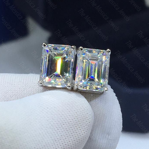 6x4 mm Emerald Cut Moissanite Push Back Solitaire Earring 14k White Gold Plated - Picture 4 of 12