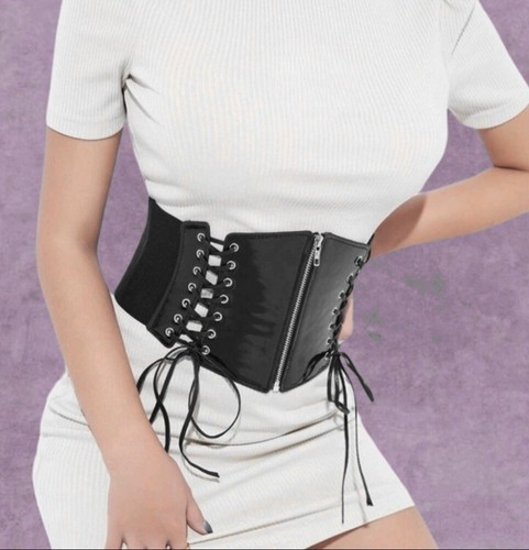 New Black Gothic Zip Front Corset Shiny PU Elastic Belt Plus Size XL 34 - 46" - Picture 4 of 4