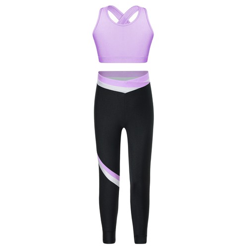 Kids Girls Set Yoga Dancewear Tights Outfits Keyhole Suit Sleeveless Activewear - Picture 36 of 50