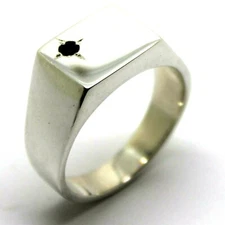 Size W Mens Solid Sterling Silver Black Sapphire Square Signet Ring