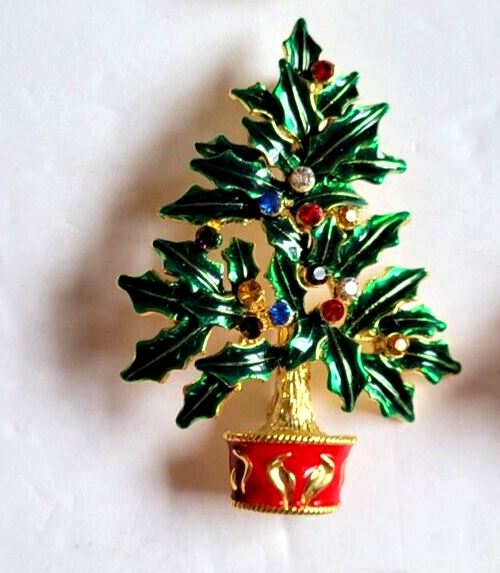 Lot of 8 Vintage Christmas Tree Pin Brooch Enamel Rhinestone