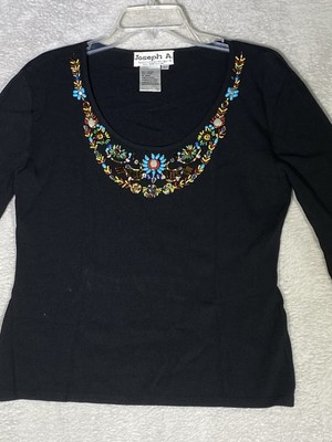 JOSEPH A. QU'EST-CE QUE C'EST SILK? Top Size Large Black Beaded Long Sleeve