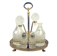 Vintage 5 Piece Cut Crystal Cruet Set w/ Gilt Brass Paw Footed Stand