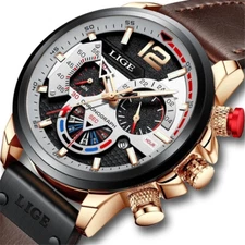 LIGE Men Watch Luxury Brand Leather Wristwatch Male Chronograph Quartz Watches
