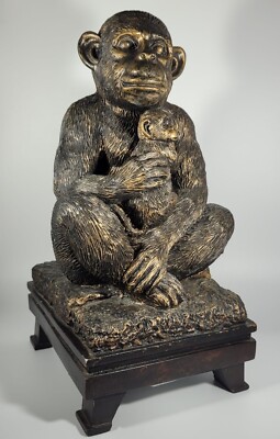 Vintage Sitting Monkey holding Baby Child Mom Resin Chimp Ghana African Statue.