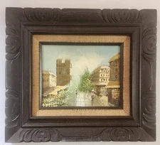 Vintage Oil Painting  Original Signed Melton Mid Century Street Scene  19" 