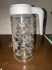 Vintage Tang Pitcher 1 Quart White Lid Lily Etched Floral Design Anchor Hocking