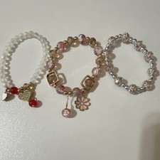 Set of 3 Multicolor Beaded Dangle Charm Stackable Flower Heart Bracelets