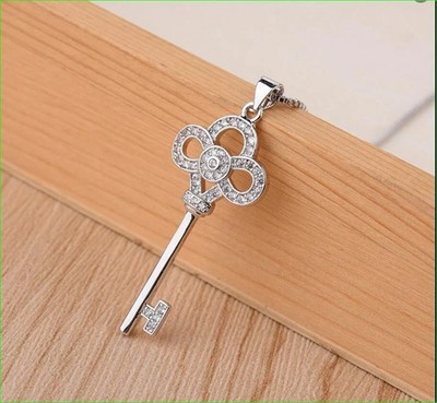 0.30Ct Lab Created Diamond Round Crystal Key Pendant 14K White Gold Finish Chain