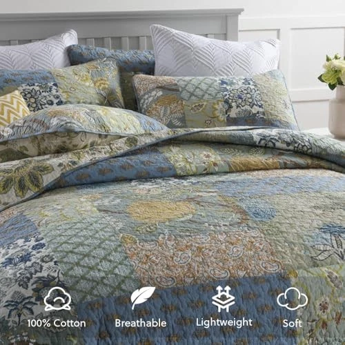 Cotton Bedspread Quilt Bedding Sets 3 Pieces King Rustic Sage Patchwork - Imagem 3 de 4