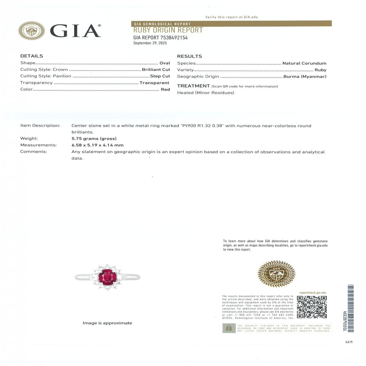 Authentic PT900 Ruby Ring 1.32CT Burmese #260-007… - image 5