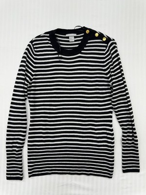 H&M Jumper Womens M Black White Striped Crew Neck Button Detail
