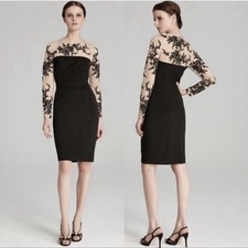 David Meister Black Lace Illusion Cocktail Event Dress Ruched Waist Long Sleeve
