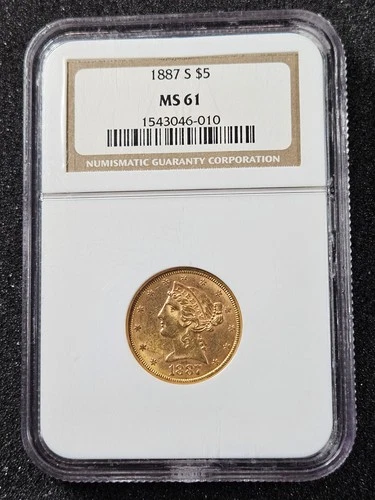 🌟 1887-S Liberty Head Gold $5 Half-Eagle US Coin NGC MS61