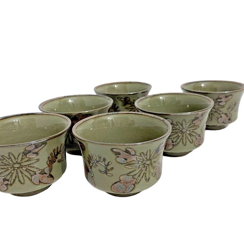 6 OMC Sake Cups Stoneware Clay Green Glasses Made in Japan Marked Vintage Retro
