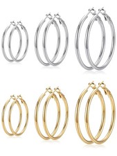 6 Pairs Gold Hoop Earrings for 30mm, 6 gold silver Plated