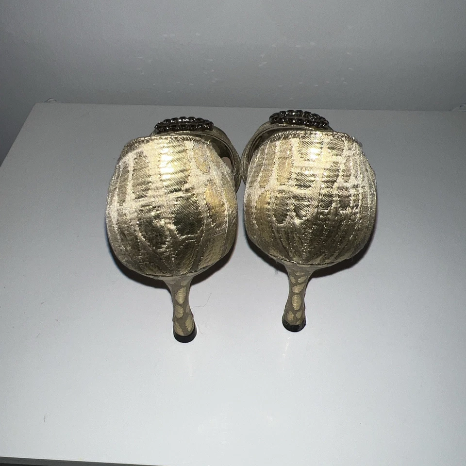 Manolo Blahnik punta abierta d’Orsay diseño metálico dorado/cristal-embelle hebilla talla 36,5 Foto 4 de 4