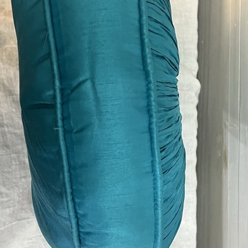Round Accent Pillow 14”Tufted Pleated Gusseted Pillow w/Piping Trim~ Turquoise - Picture 3 of 5
