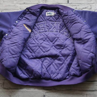 VTG 90s NBA LA LAKERS CHALK LINE SATIN BOMBER JACKET PURPLE SIZE XL MADE IN USA