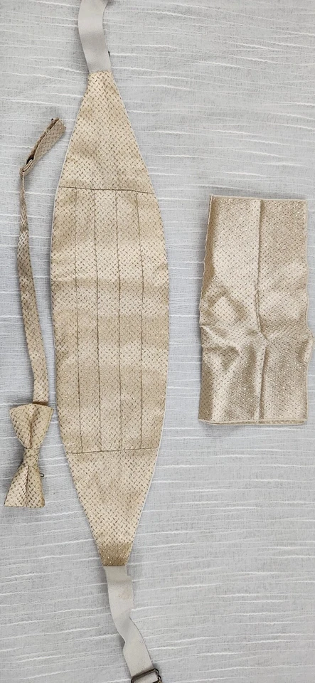 Juego de accesorios vintage Mel Howard pajarita, faja, pañuelo crema/dorado Foto 2 de 4