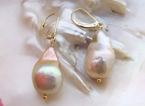 14x21mm Huge Natural Freshwater Pink Kehsi Baroque Pearl Gold Dangle Earrings - Picture 2 of 6