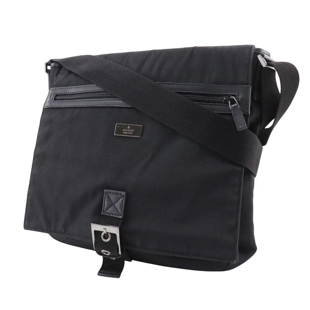 Gucci 141194 Sac à Bandoulière Nylon Toile Noir Argent Quincaillerie Unisexe Authentique