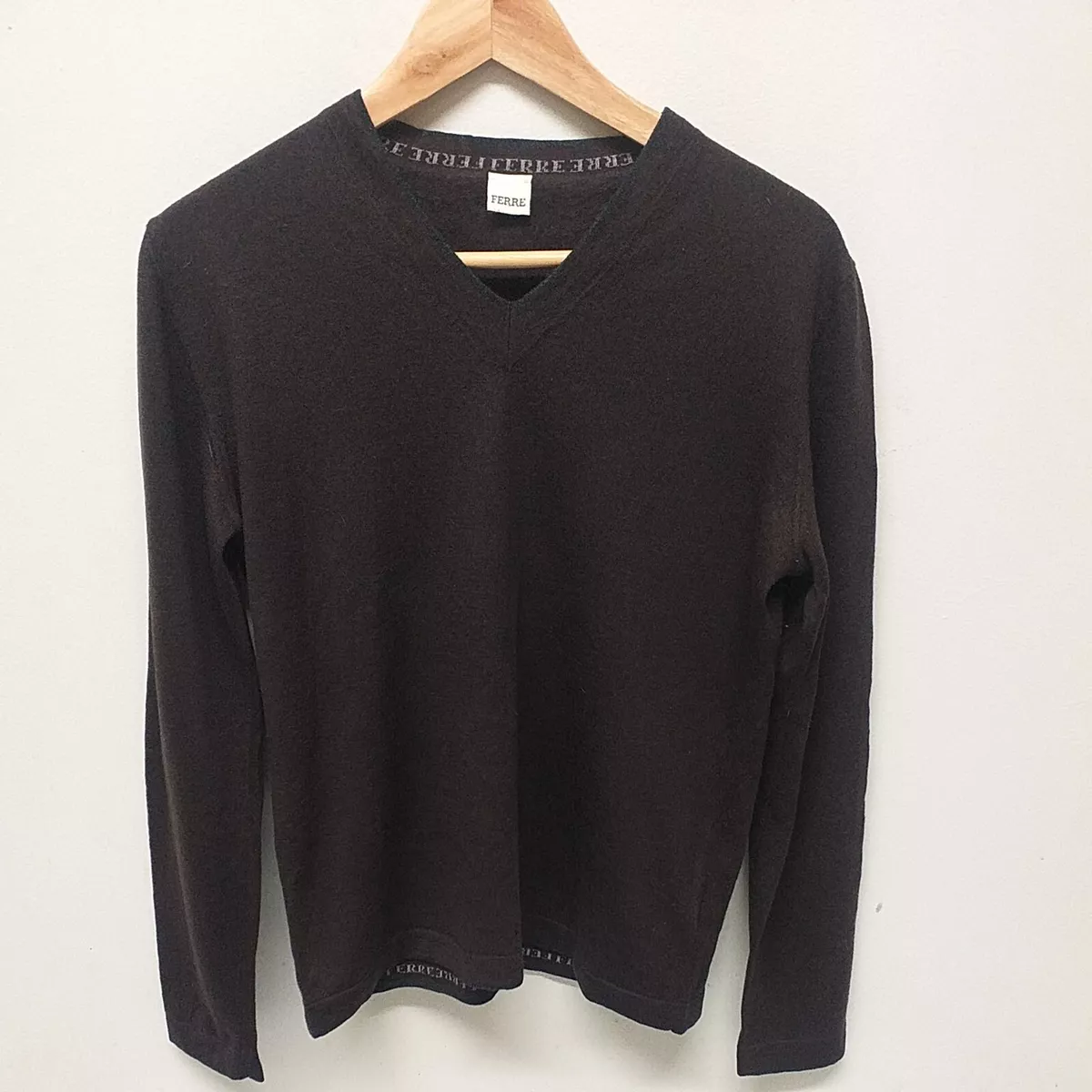 GIANFRANCO FERRE Womens BROWN V Neck Jumper Sweater Uk LARGE 12 14