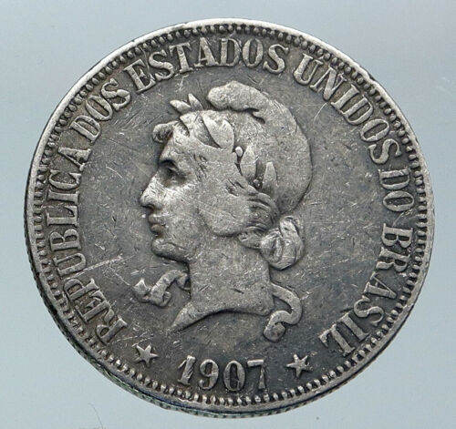 1907 BRAZIL w LIBERTY & CAP Silver OLD ANTIQUE 1000 Reis Brazilian Coin i85949 - Picture 1 of 3