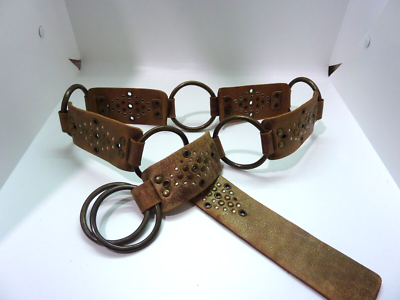 Vintage 1980\'s Double Ring Bronze Tan Leather Studded Belt Vintage Embellished Leather Belt: 80s-90s Western Studded  main image 4