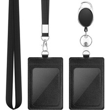 Vertical PU Leather ID Badge Card Holder with Detachable Neck Lanyard and