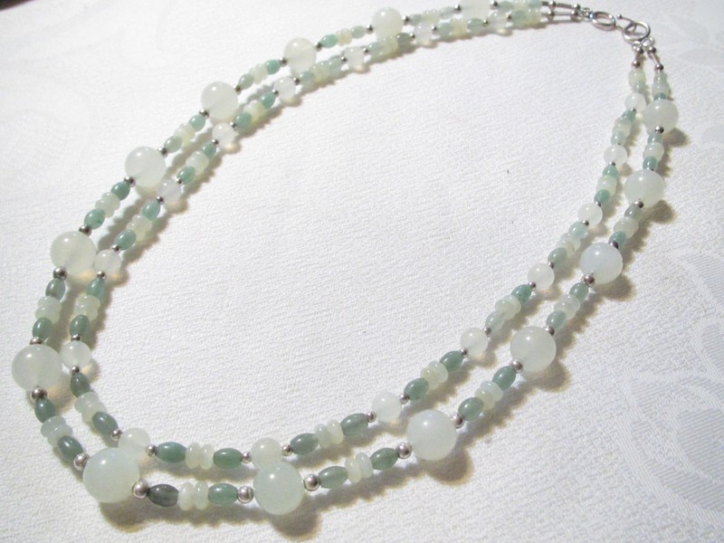 STERLING SILVER 23" DOUBLE STRAND GENUINE JADE BEADED NECKLACE