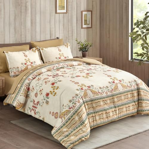 King Size 7 Piece Bed in a Bag Khaki Comforter Set, Floral Farmhouse Rustic - Picture 2 of 6