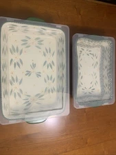 Temptations Old World Green Rectangular Baking Dishes With Plastic Covers