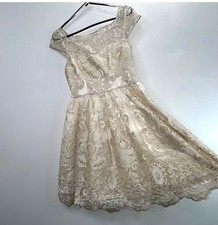 Lulus Beaumont Lace Mini Skater Dress S Champagne Ivory Metallic Lined Scalloped