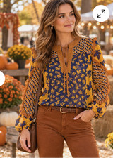 CAbi 3953 Harmony Blouse Flower Riot Yellow Navy Blue Floral Ruffle Top S EUC