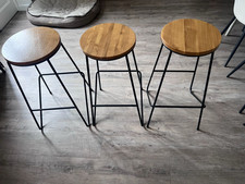 Set of 3 Bar Stools with Round Medium Wood Seats, Black Metal Frame & Footrest